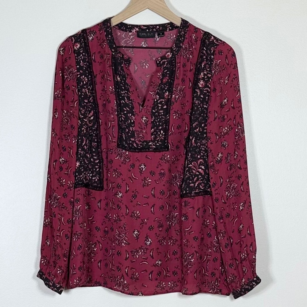 Carlisle Collection Womens Blouse 8 Burgundy Floral Boho Peasant Long Sleeve